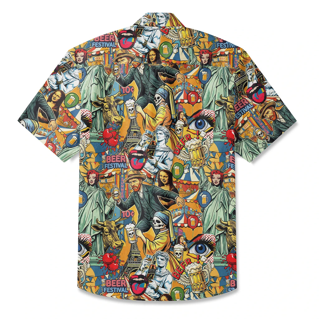 LeosWare® Men's Hawaiian Shirt Short Sleeve Button-up 100% Cotton Green Aloha Art & Beer Pop Collage By Huan huan