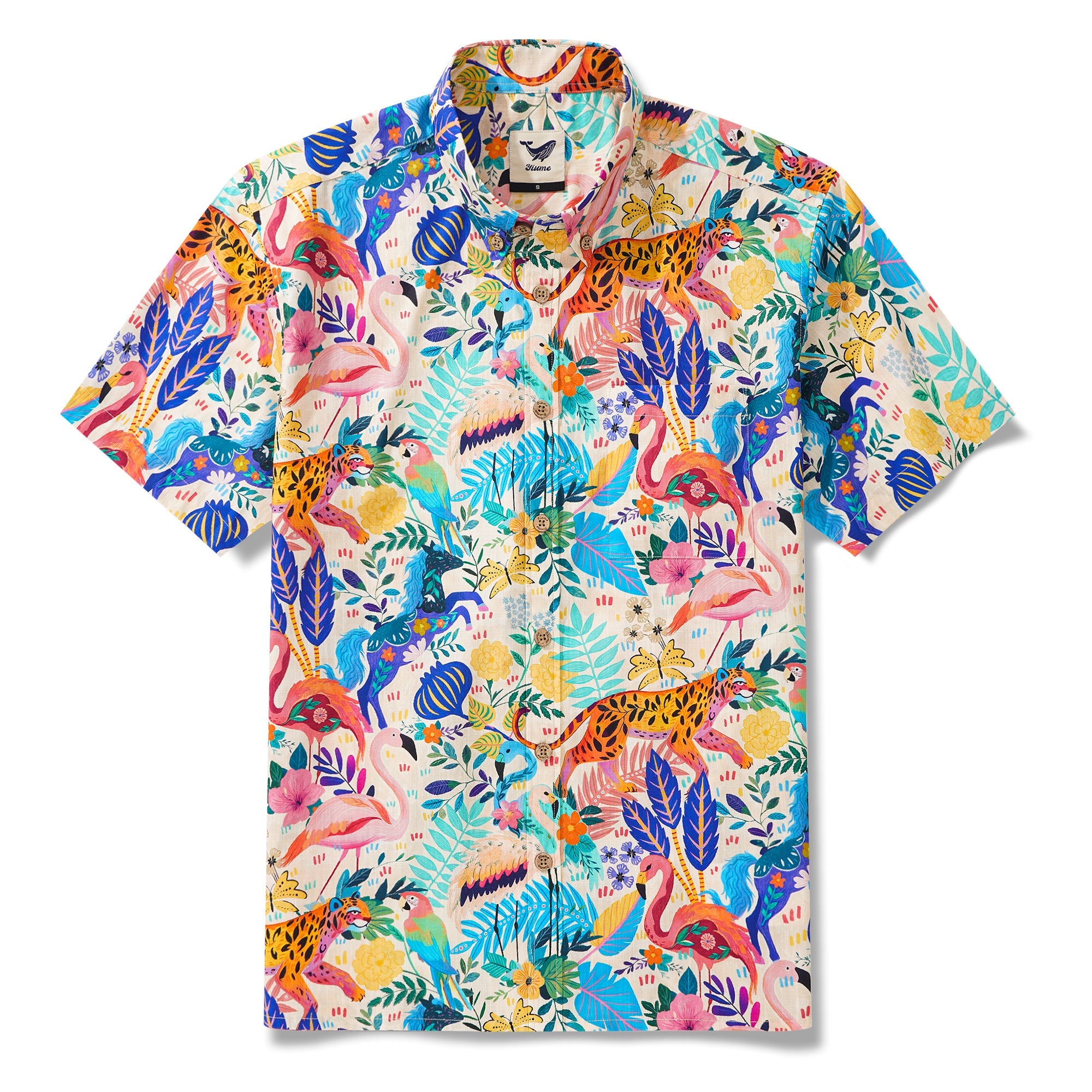 Men's Colorful Hawaiian Shirt Short Sleeve Button-down 100% Cotton Aloha Jungle Whimsy By Zeke