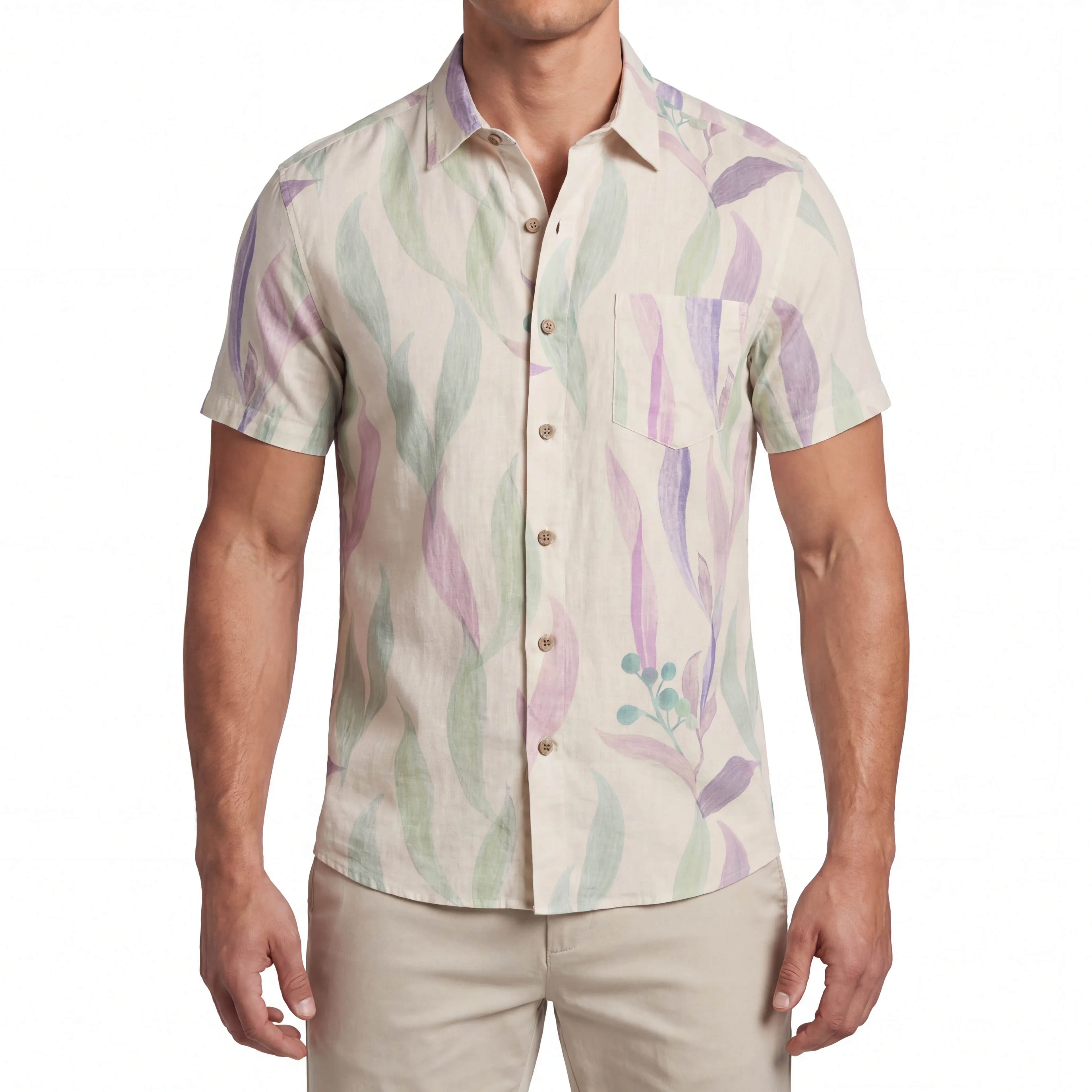 LeosWare® Men's Hawaiian Shirt Short Sleeve Button-up 100% Cotton Purple Aloha Spring Soft Colors By Patch