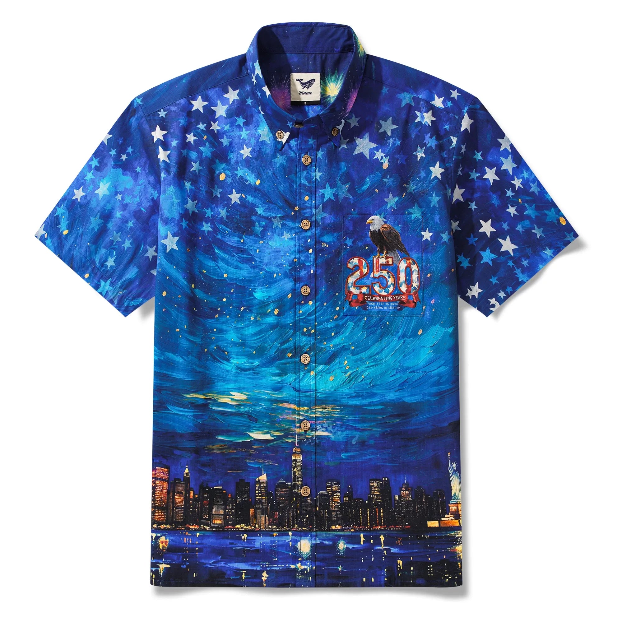 America 250 Men's Hawaiian Shirt Short Sleeve Button-down 100% Cotton Blue Aloha Starry Night Fireworks 250 Celebration By Yana