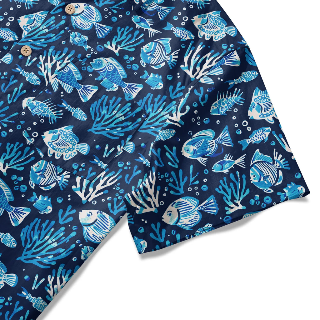 LeosWare® Men's Hawaiian Shirt Short Sleeve Button-up 100% Cotton Blue Coral Aloha Deep Blue Fish Whisper By Ann