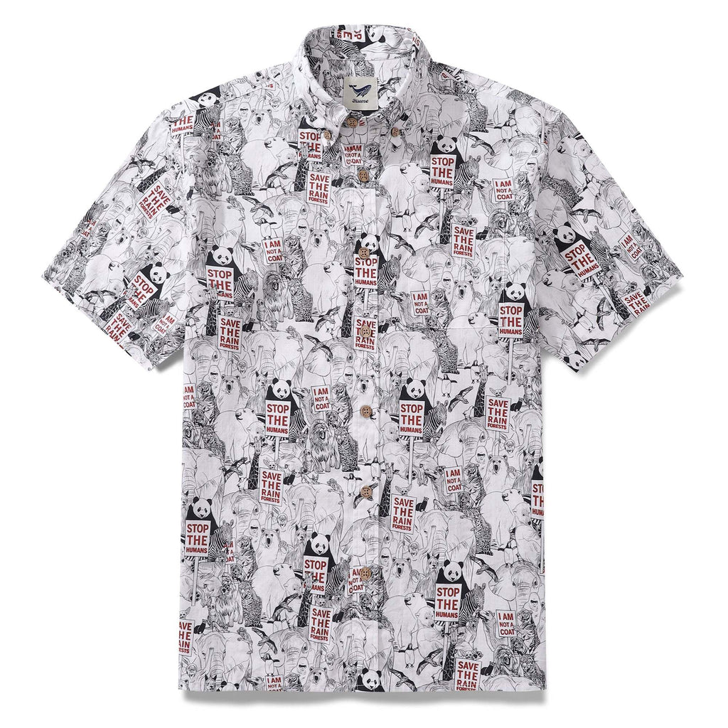 Men's Hawaiian Shirt Save the Animals Earth Day Shirt Cotton Short Sleeve Aloha Shirt By Patch