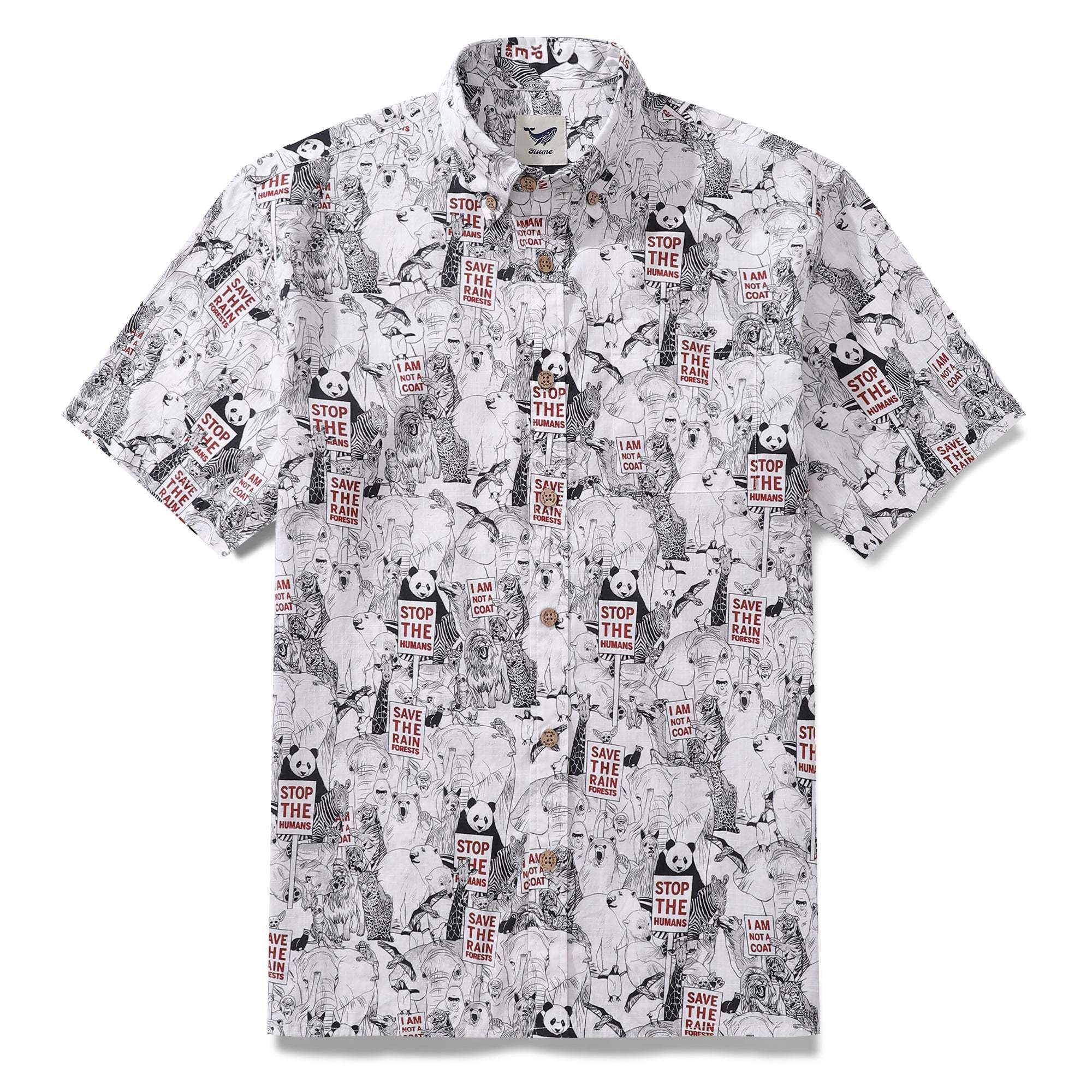 Men's Hawaiian Shirt Save the Animals Earth Day Shirt Cotton Short Sleeve Aloha Shirt By Patch