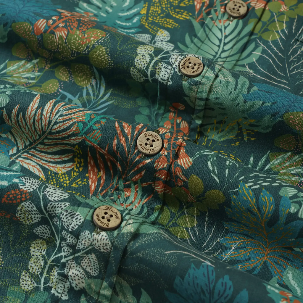 Men's Hawaiian Shirt Short Sleeve Button-down 100% Cotton Green Shirt Aloha Tropical Night Emerald Leaves By Annick
