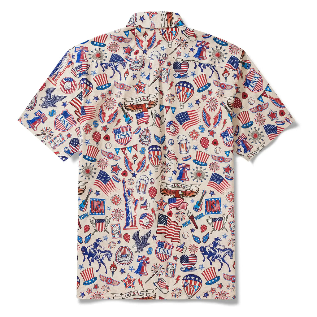 Men's Hawaiian Shirt Short Sleeve Button-down 100% Cotton Blue Red Aloha Liberty’s Patriot Canvas By Cigar