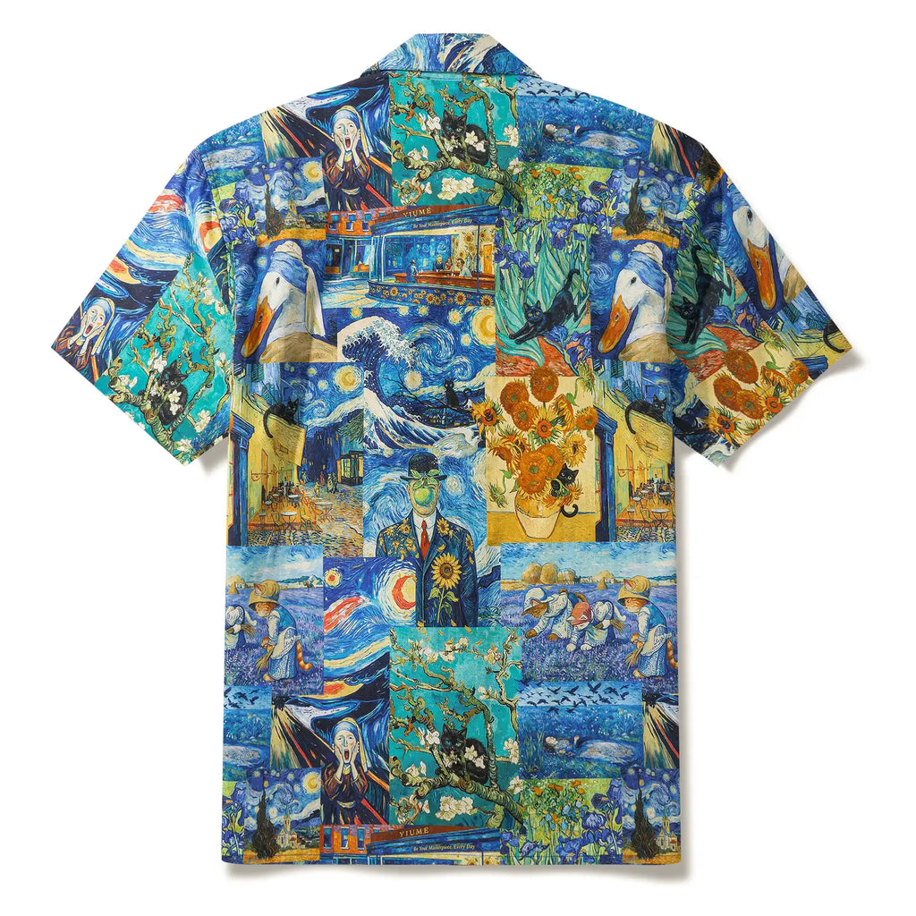 Men's Hawaiian Shirt Short Sleeve Camp Collar 100% Cotton Blue Aloha Starry Night Cat Fantasy By Mo