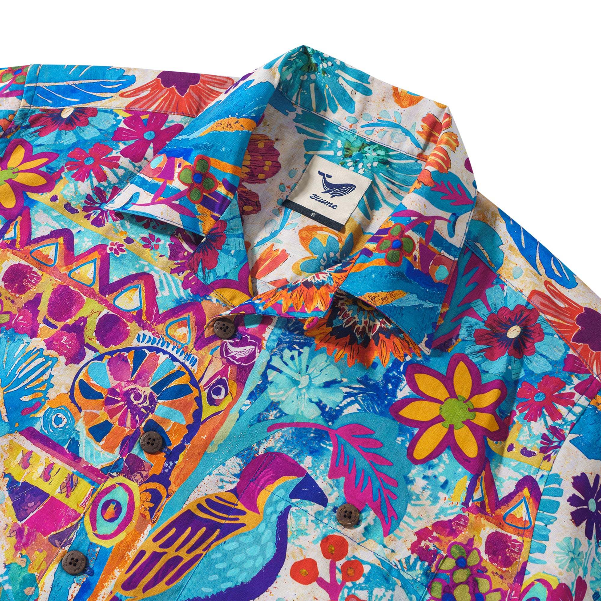 Tropical Hawaiian Shirt 100% Cotton Men's Short Sleeve Camp Collar Blue Aloha Shirt Tropical Wonder Painted Shirt Mexican Style By Mo