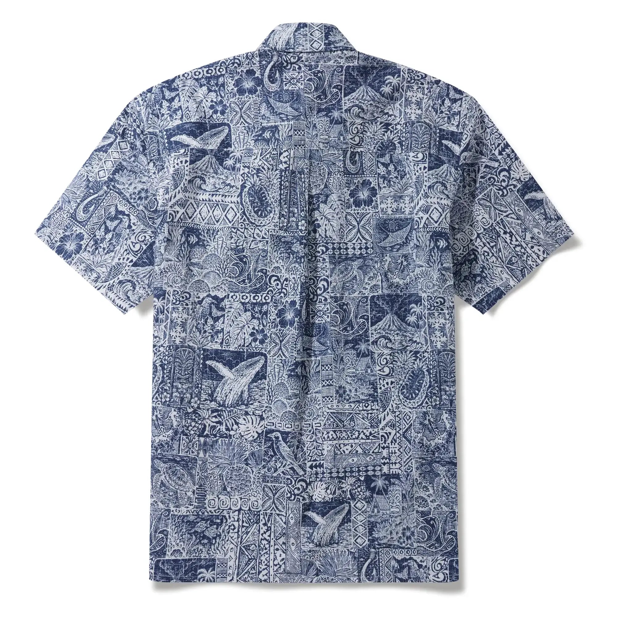 Men's Hawaiian Shirt Short Sleeve Button-down 100% Cotton Blue Aloha Tiki Isle Archive - Navy Blue By Cigar