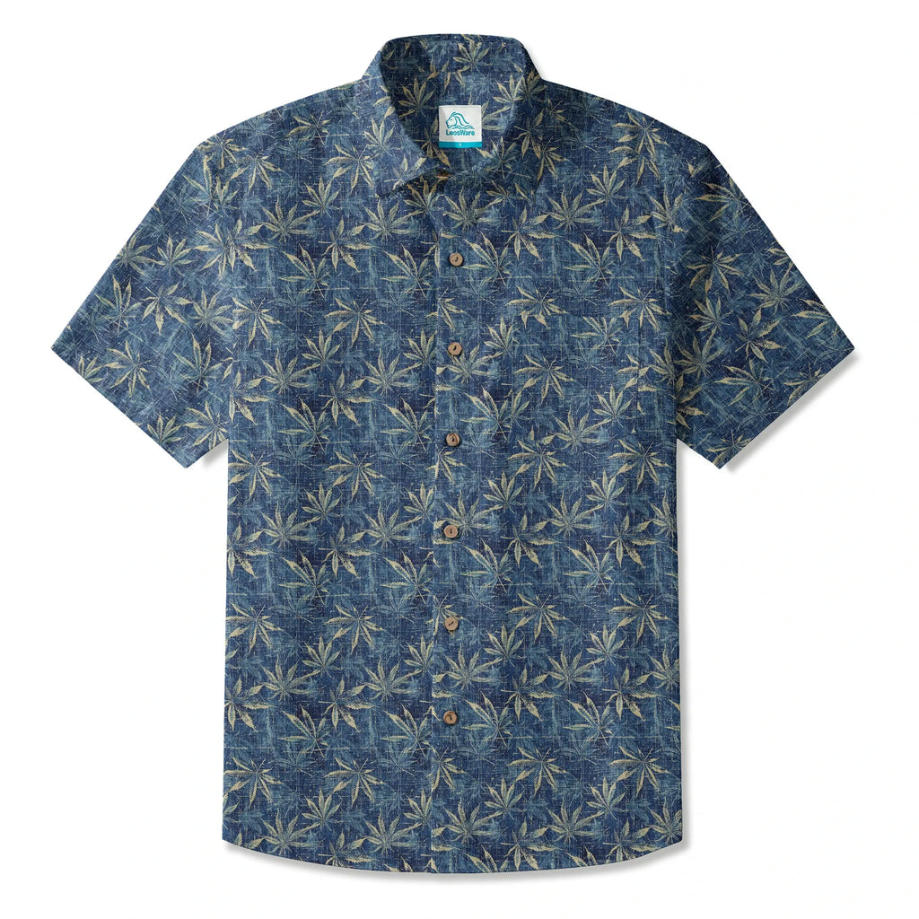 LeosWare® Men's Leaf Hawaiian Shirt Short Sleeve Button-up 100% Cotton Blue Aloha Indigo Blue Linen Leaf Pattern By Ann