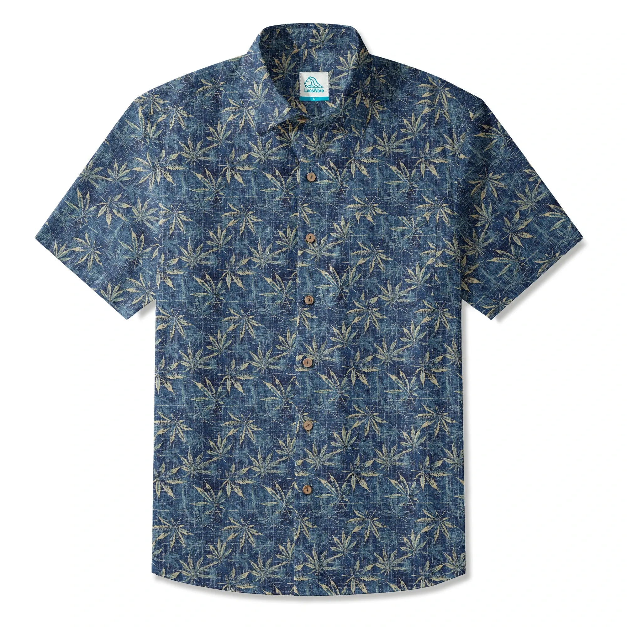 LeosWare® Men's Leaf Hawaiian Shirt Short Sleeve Button-up 100% Cotton Blue Aloha Indigo Blue Linen Leaf Pattern By Ann
