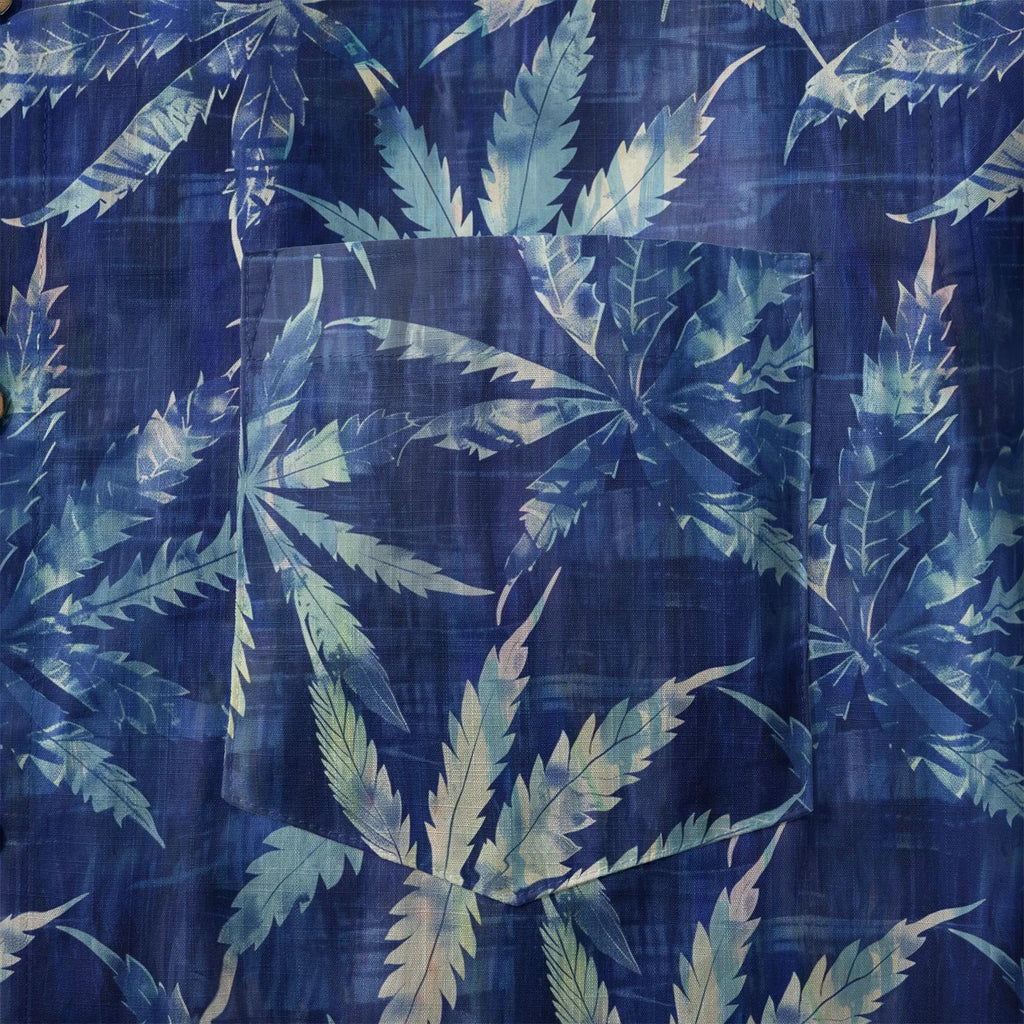 LeosWare® Leaf Men's Hawaiian Shirt Short Sleeve Button-up 100% Cotton Blue Aloha Indigo Dyed Leaves By Ann
