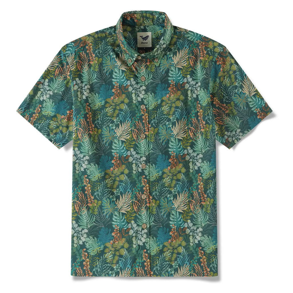 Men's Hawaiian Shirt Short Sleeve Button-down 100% Cotton Green Shirt Aloha Tropical Night Emerald Leaves By Annick