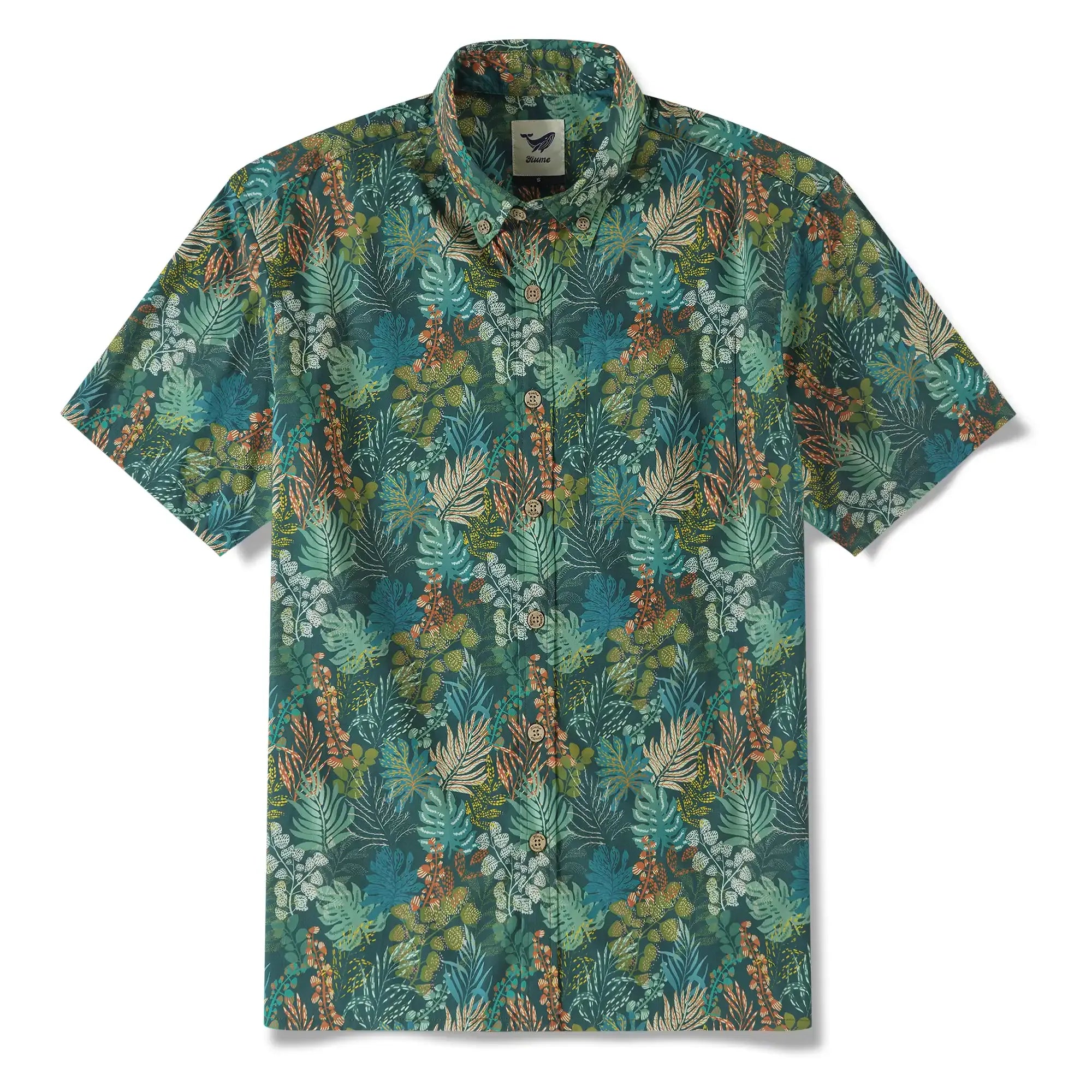 Men's Hawaiian Shirt Short Sleeve Button-down 100% Cotton Green Shirt Aloha Tropical Night Emerald Leaves By Annick