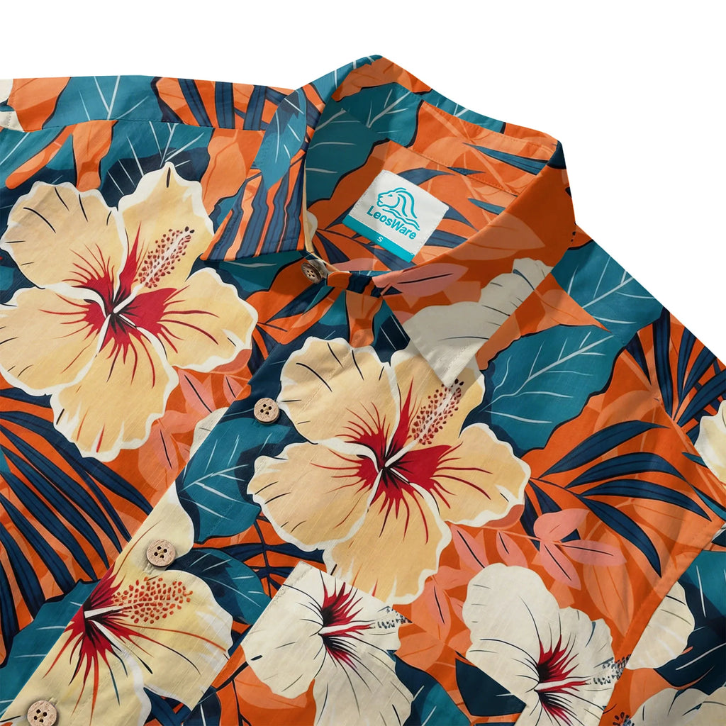 LeosWare® Men's Hawaiian Shirt Short Sleeve Button-up 100% Cotton Orange Aloha Blooming Orange Hibiscus By Ann