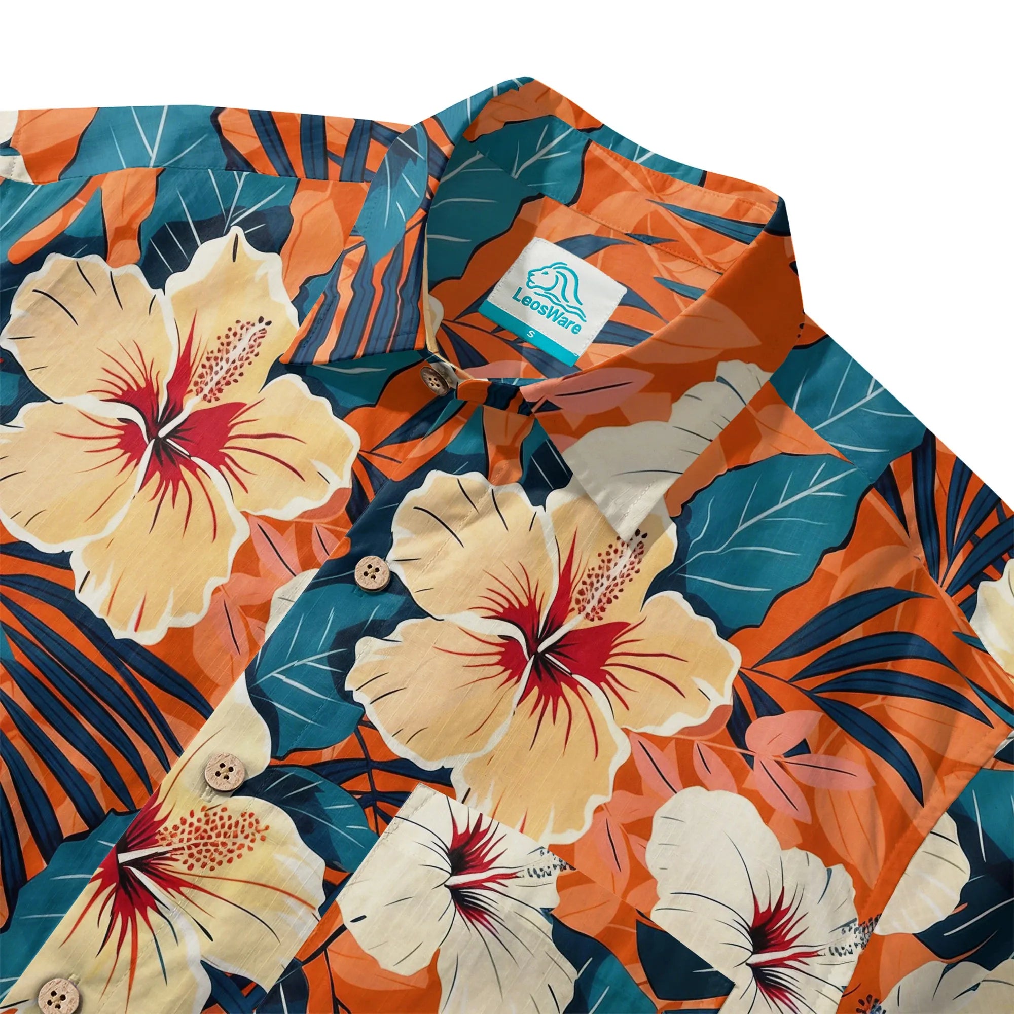 LeosWare® Men's Hawaiian Shirt Short Sleeve Button-up 100% Cotton Orange Aloha Blooming Orange Hibiscus By Ann