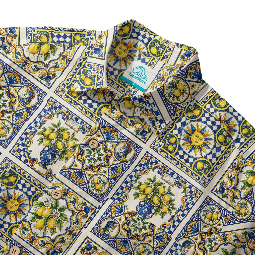LeosWare® Men's Hawaiian Shirt Short Sleeve Button-up 100% Cotton Blue Aloha Sicilian Sunlit Lemon By Huan huan