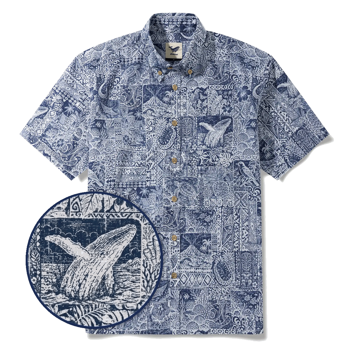 Men's Hawaiian Shirt Short Sleeve Button-down 100% Cotton Blue Aloha Tiki Isle Archive - Navy Blue By Cigar