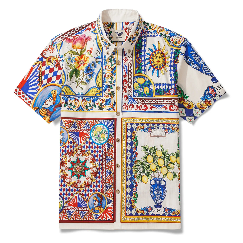 Men's Hawaiian Shirt Short Sleeve Button-down 100% Cotton Blue Flower Aloha Lemon Sicily Venice By Huan huan