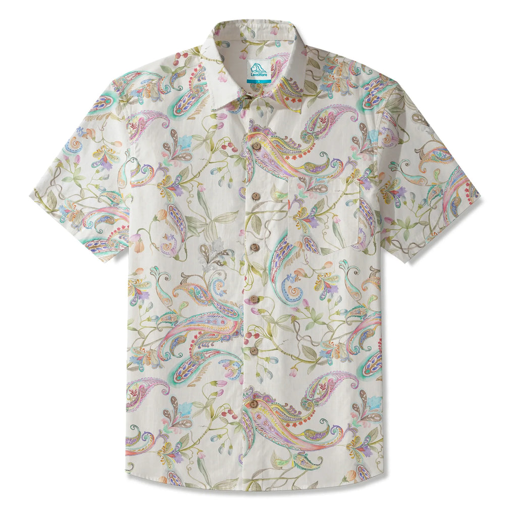 LeosWare® Men's Hawaiian Shirt Short Sleeve Button-up 100% Cotton Green Aloha Fantasy Paisley Garden By Huan huan