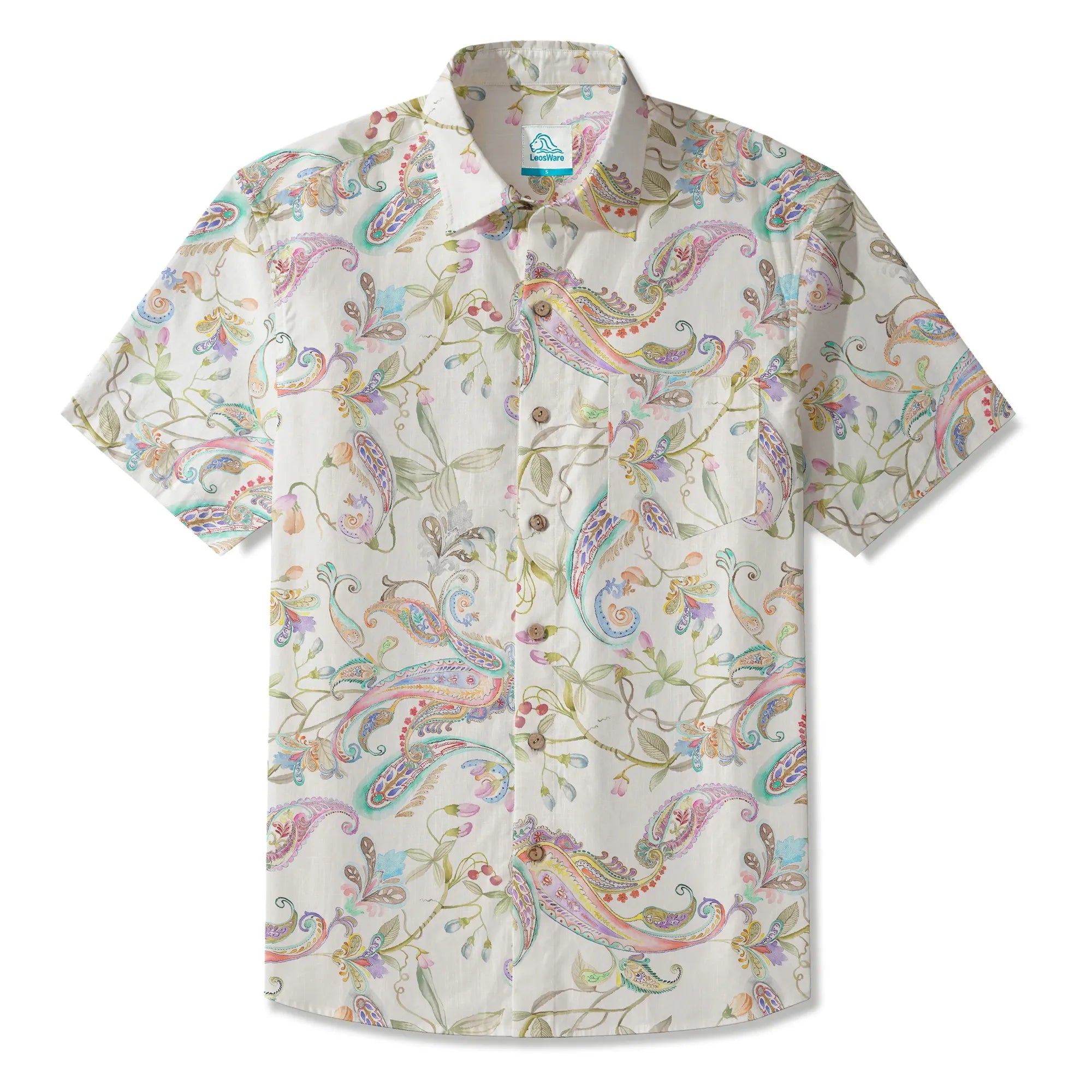 LeosWare® Men's Hawaiian Shirt Short Sleeve Button-up 100% Cotton Green Aloha Fantasy Paisley Garden By Huan huan