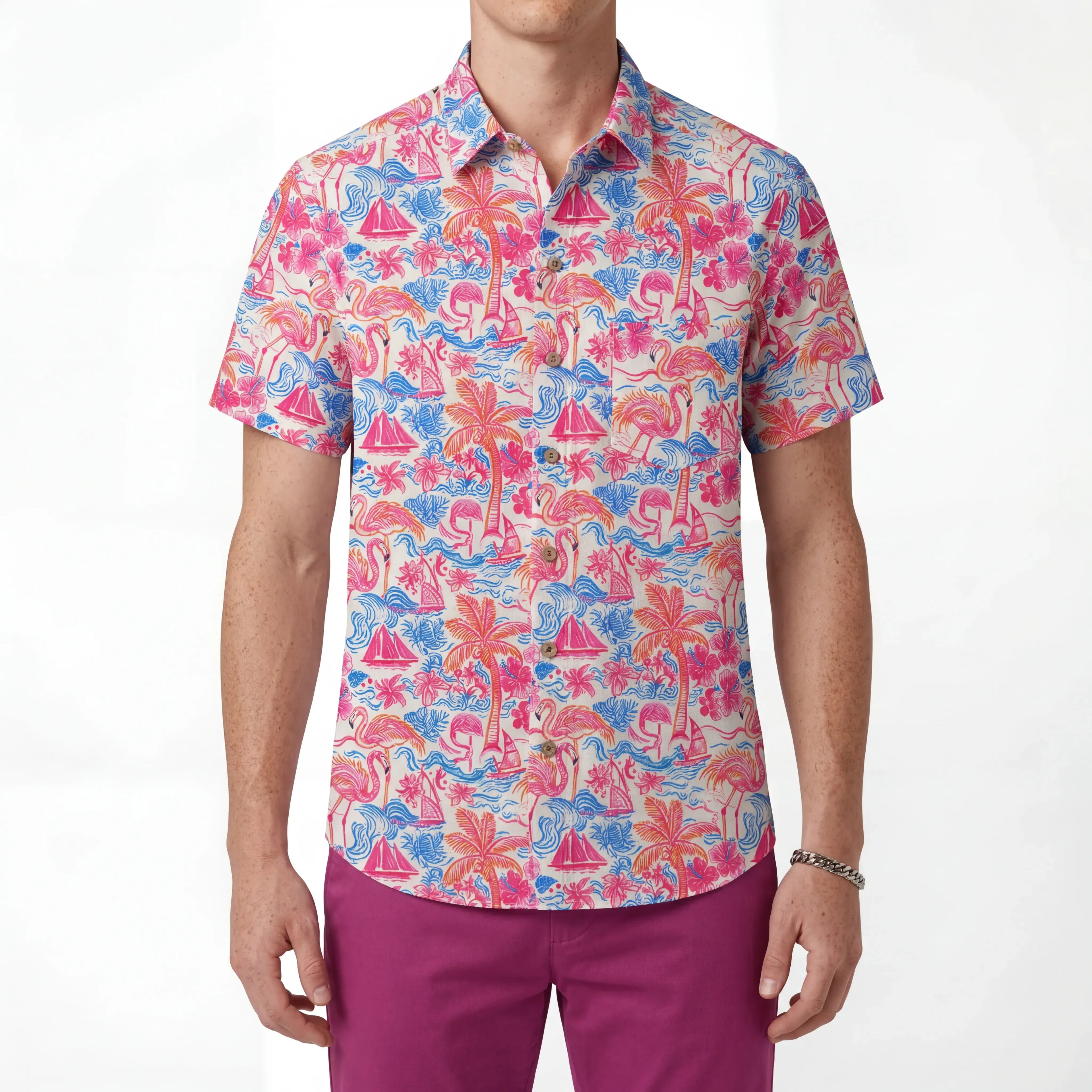 LeosWare® Men's Hawaiian Shirt Short Sleeve Button-up 100% Cotton Aloha Tropical Fire Bay By Ann