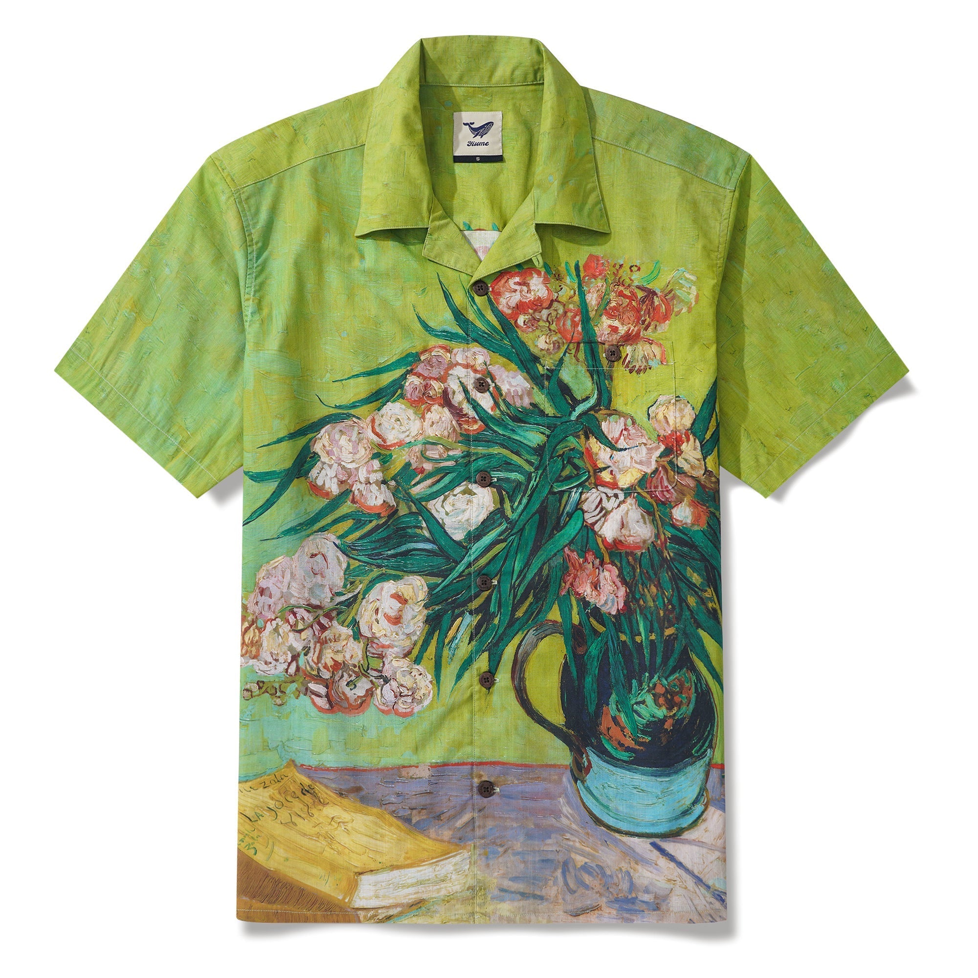 Men's Hawaiian Shirt Short Sleeve Camp Collar 100% Cotton Green Aloha Van Gogh Blossoms By Mo