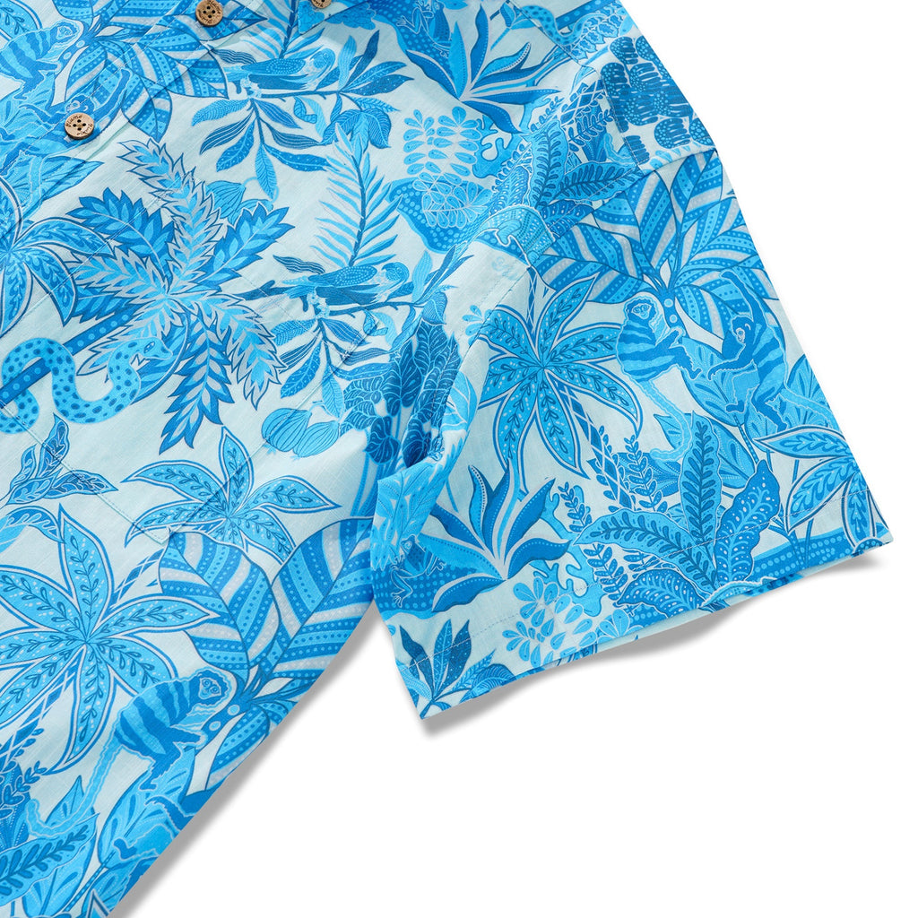 Men's Blue Hawaiian Shirt Tropical Shirt Short Sleeve Button-down 100% Cotton Blue Aloha Jungle Paradise By Huan huan