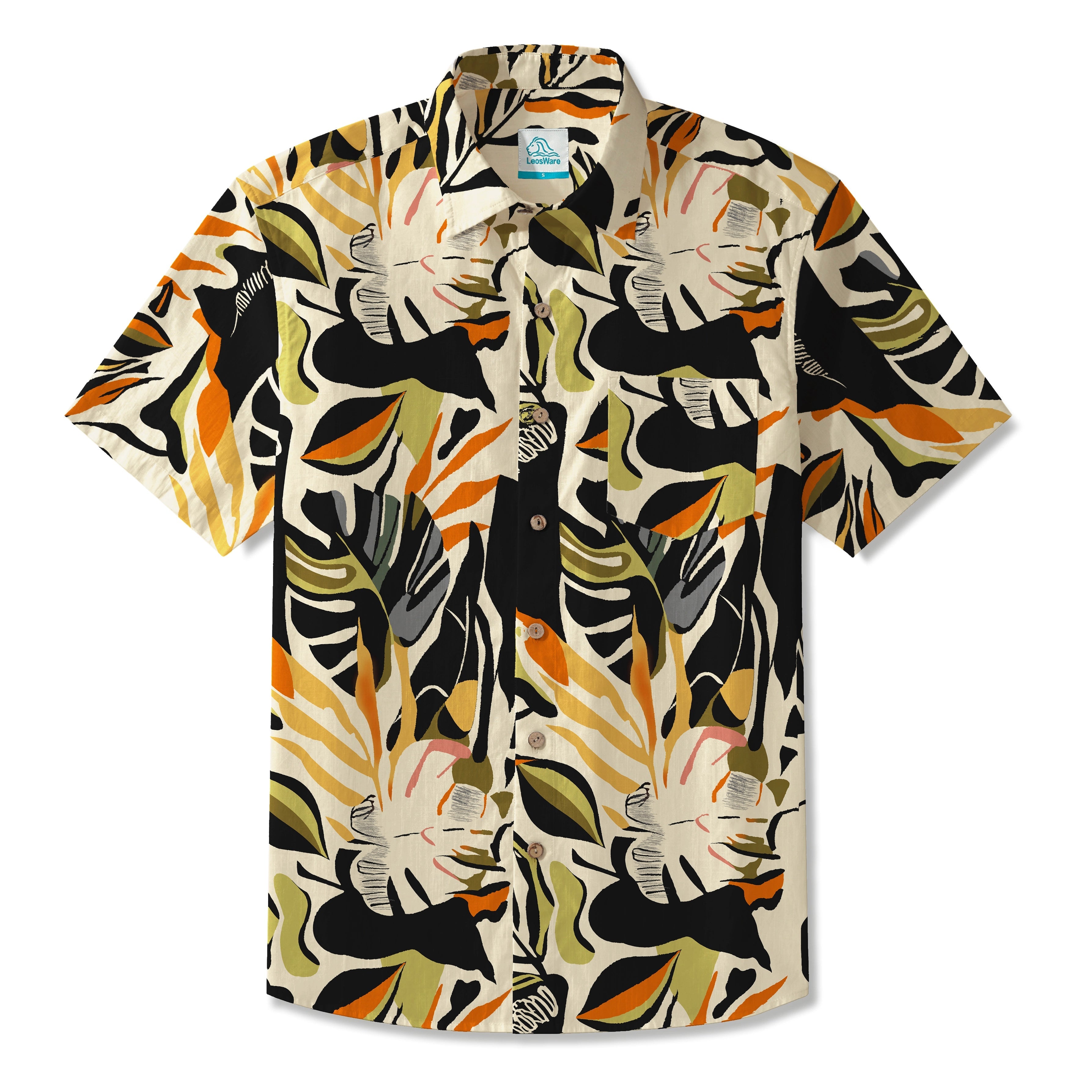 Chemise hawaïenne pour hommes LeosWare® à manches courtes, boutonnée, 100 % coton, orange, motif abstrait feuilles noires et oranges par Patch