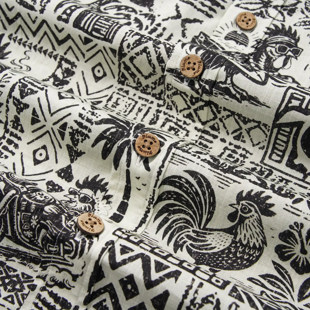 Men's Hawaiian Shirt Short Sleeve Button-down 100% Cotton Black Rooster Aloha The Bone Voyage By Cigar