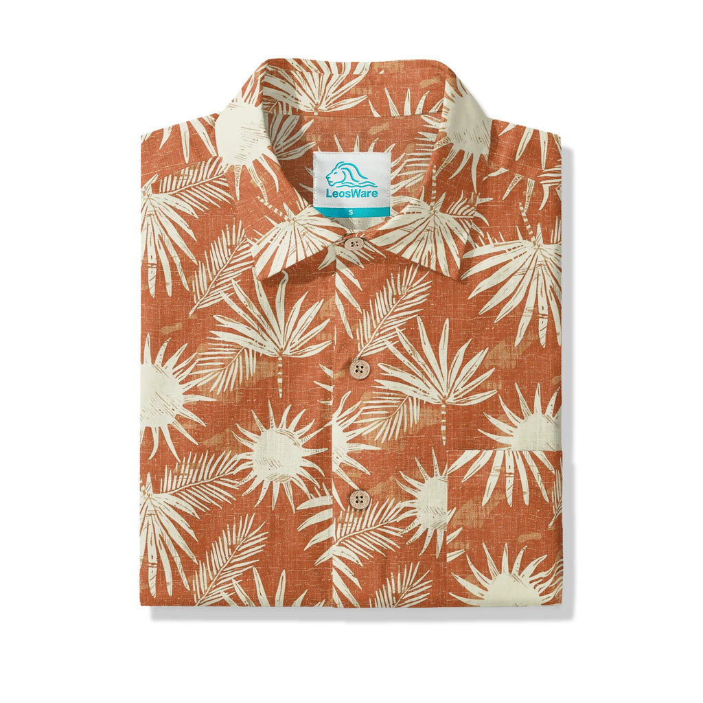 LeosWare® Men's Hawaiian Shirt Short Sleeve Button-up 100% Cotton Orange Aloha Orange Brown Coconut Shadow By Ann