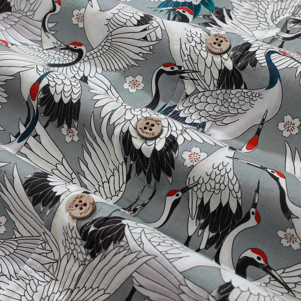 Men's Hawaiian Shirt Short Sleeve Button-down 100% Cotton Gray Aloha The Feast Of Cranes By Seven