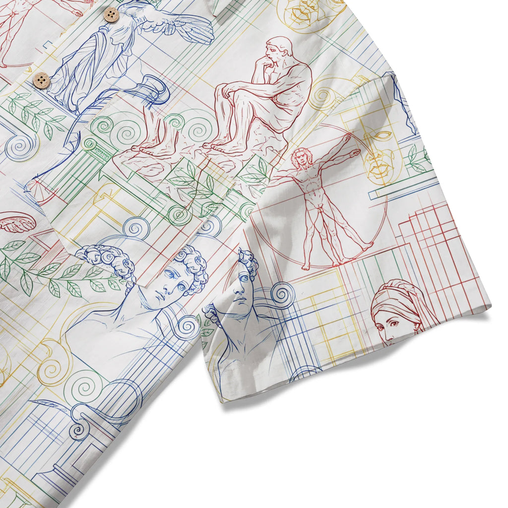 LeosWare® Men's Hawaiian Shirt Short Sleeve Button-up 100% Cotton White Aloha Renaissance Outline Sketches By Ann