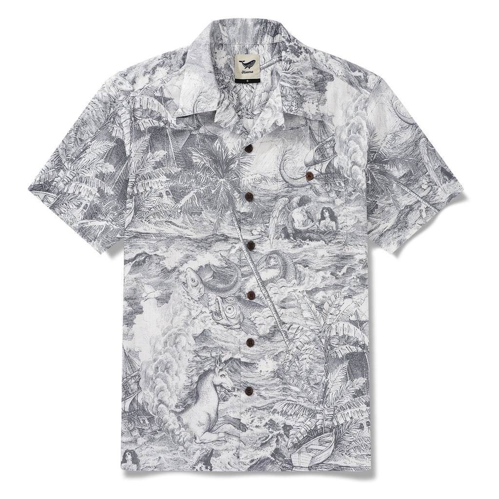 Men's Hawaiian Shirt Short Sleeve Camp Collar 100% Cotton Gray Aloha Ocean Spirit By Zeke