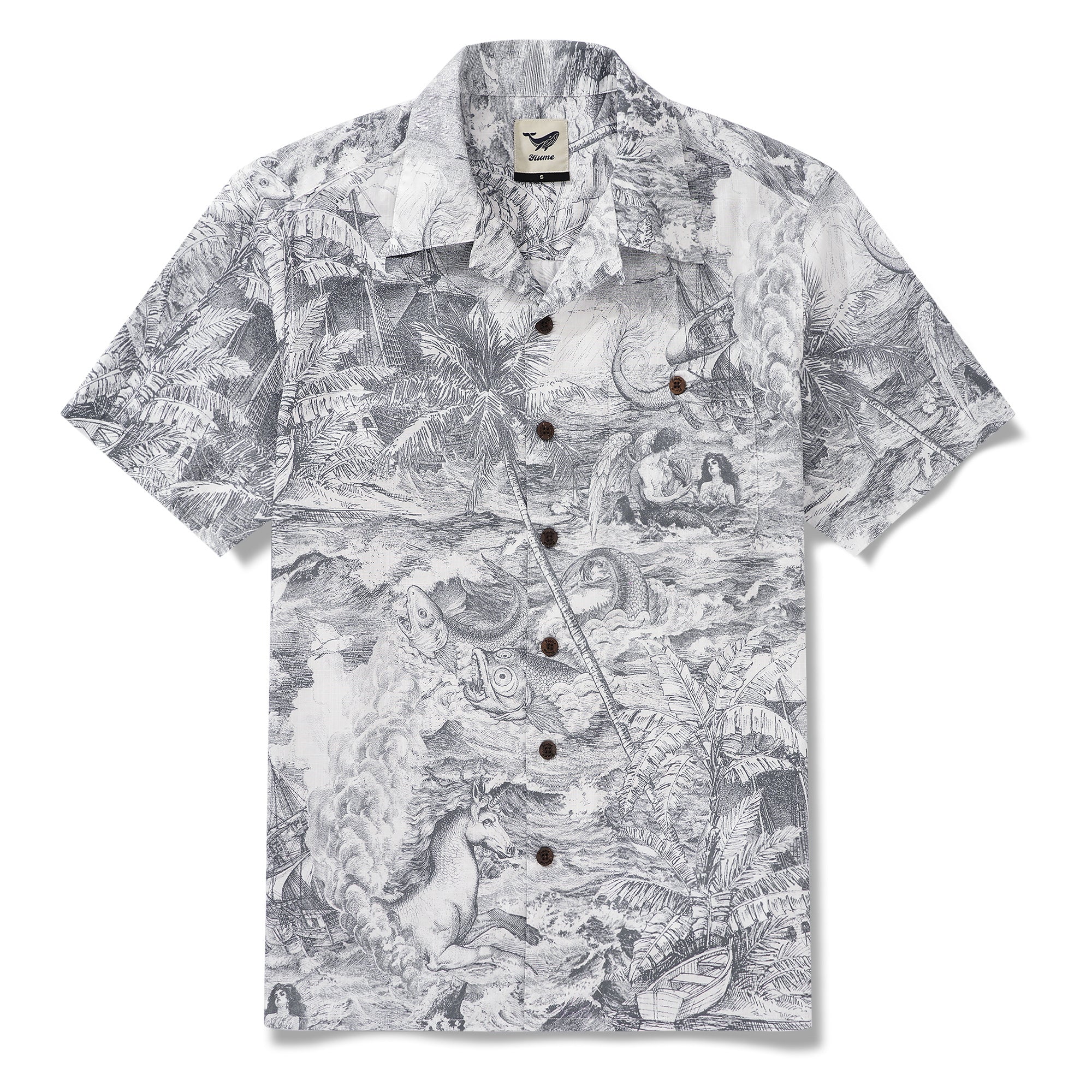 Men's Hawaiian Shirt Short Sleeve Camp Collar 100% Cotton Gray Aloha Ocean Spirit By Zeke