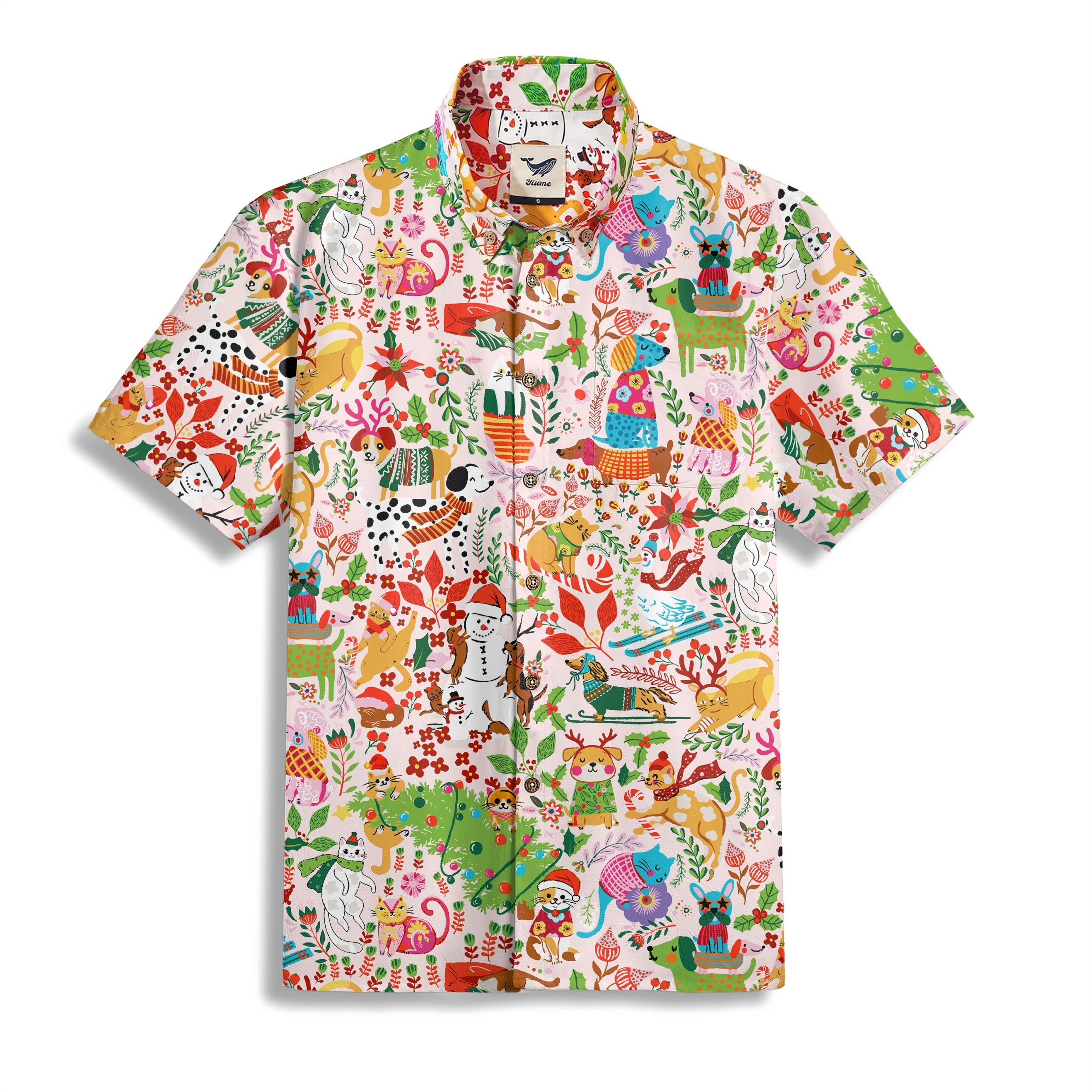 Christmas Gift Men's Hawaiian Shirt Short Sleeve Button-down 100% Cotton Green Aloha Enchanted Pets’ Christmas By Jasper