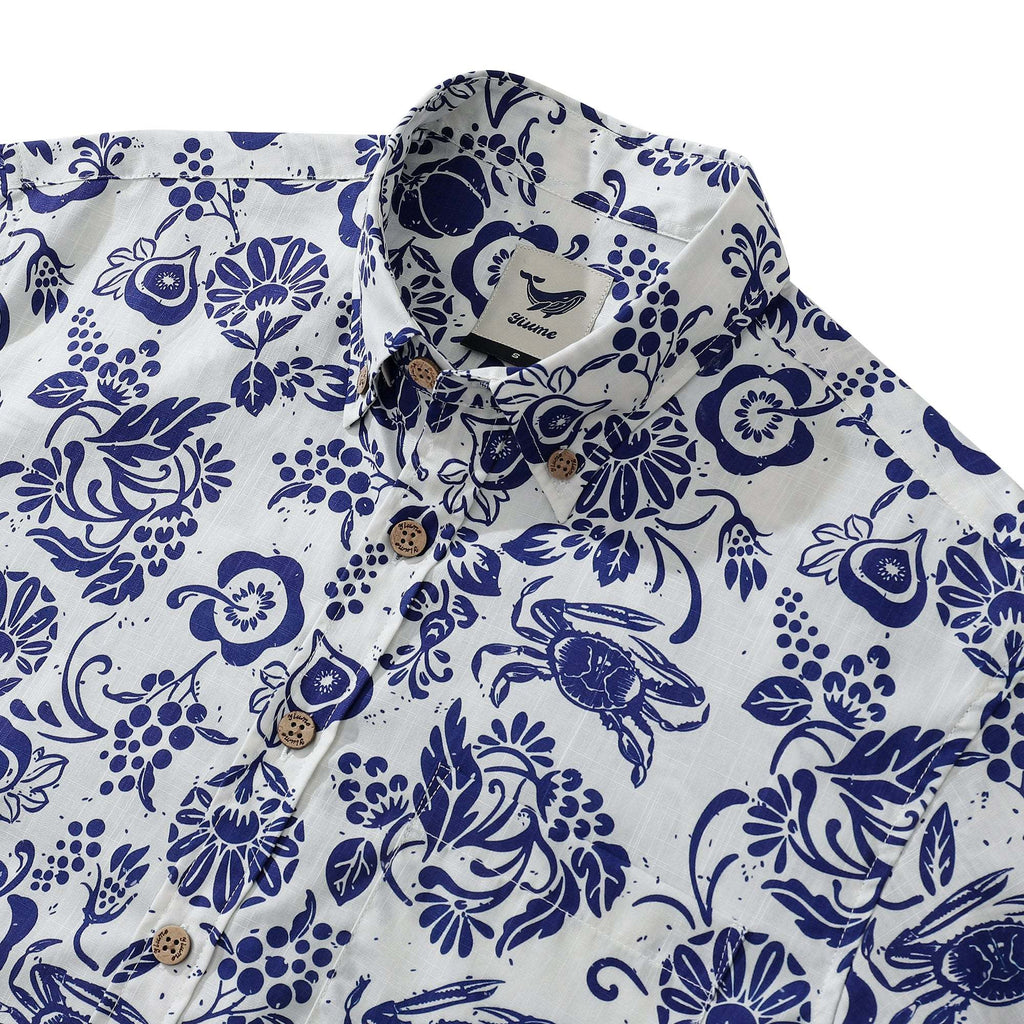 Yiume Men's Retro Hawaiian Shirt Blue Batik Style Shirt 100% Cotton Short Sleeve Button-Down Wrinkle Free Shirt By Evan