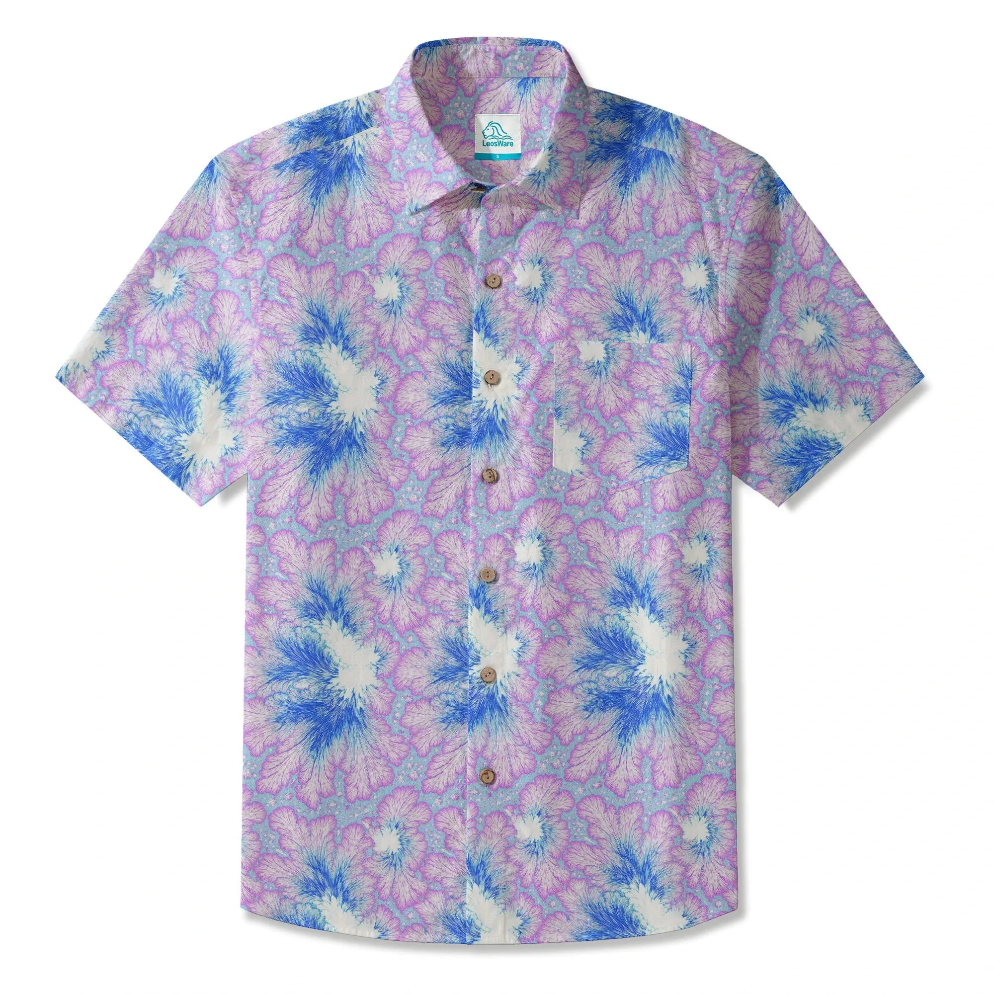 Chemise hawaïenne pour homme LeosWare® à manches courtes, boutonnée 100 % coton, violette Aloha, plumage bleu violet en flamme fractale par Ann