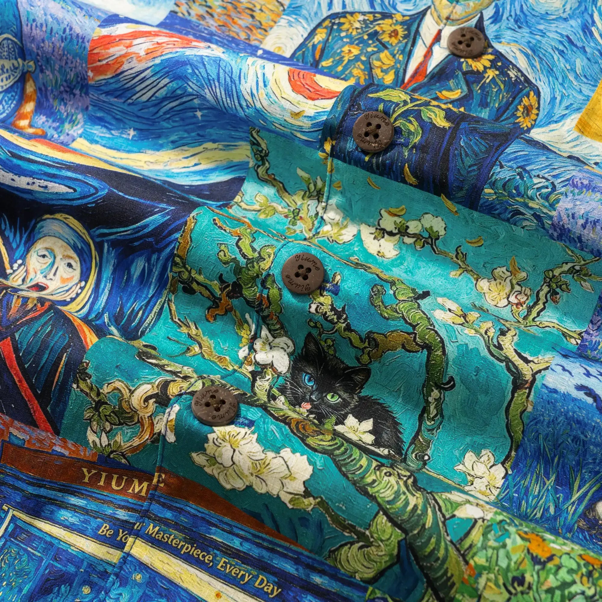 Men's Hawaiian Shirt Short Sleeve Camp Collar 100% Cotton Blue Aloha Starry Night Cat Fantasy By Mo