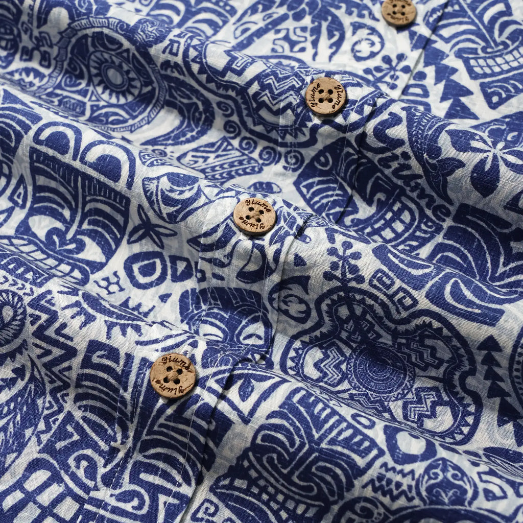 Men's Hawaiian Shirt Short Sleeve Button-down 100% Cotton Blue Aloha Tiki Retro Totem By Cigar