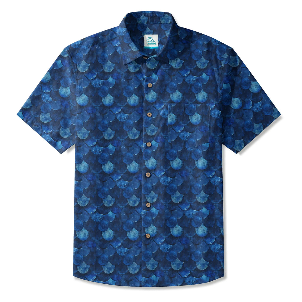LeosWare® Men's Hawaiian Shirt Short Sleeve Button-up 100% Cotton Blue Aloha Deep Sea Dragon Scales By Ann