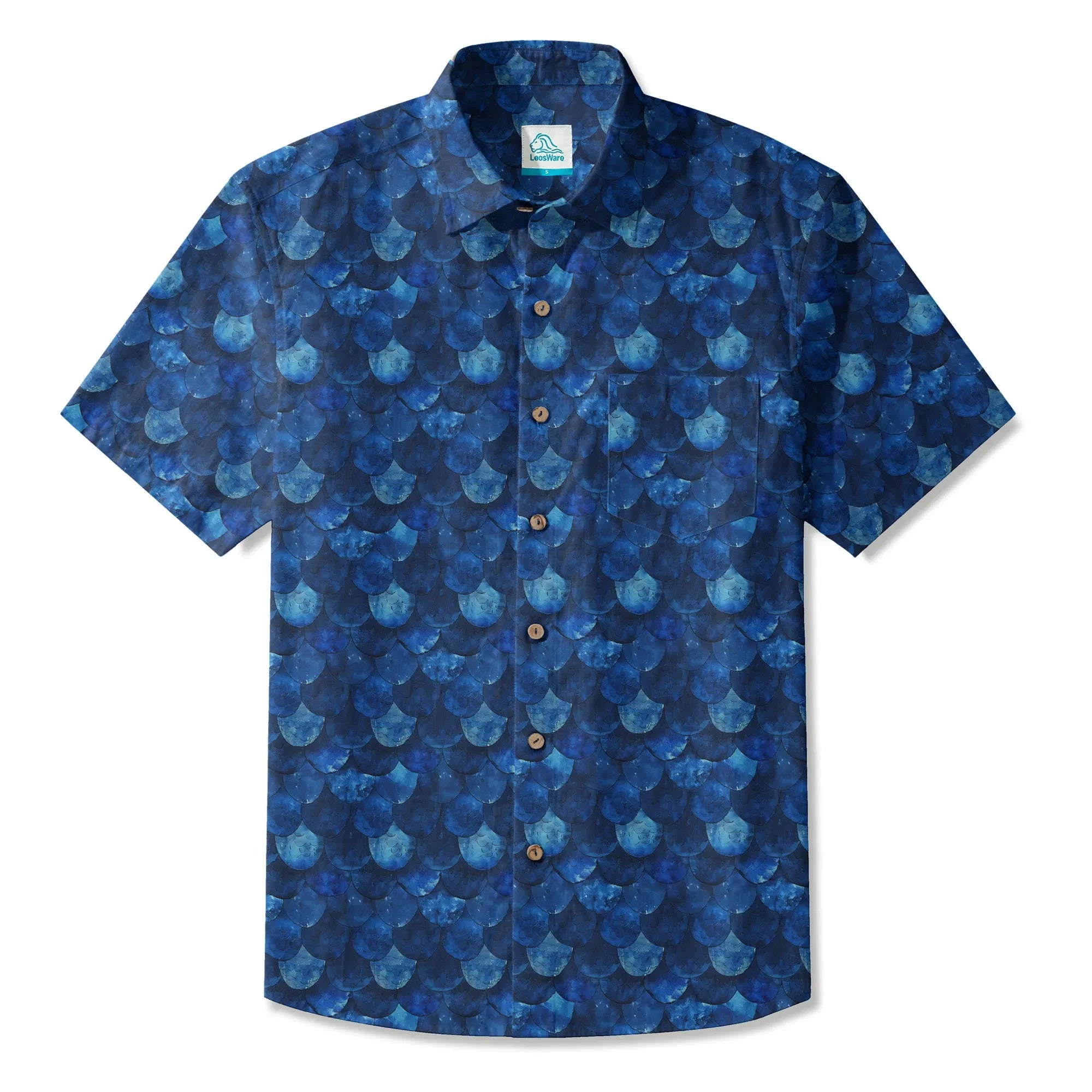 LeosWare® Men's Hawaiian Shirt Short Sleeve Button-up 100% Cotton Blue Aloha Deep Sea Dragon Scales By Ann