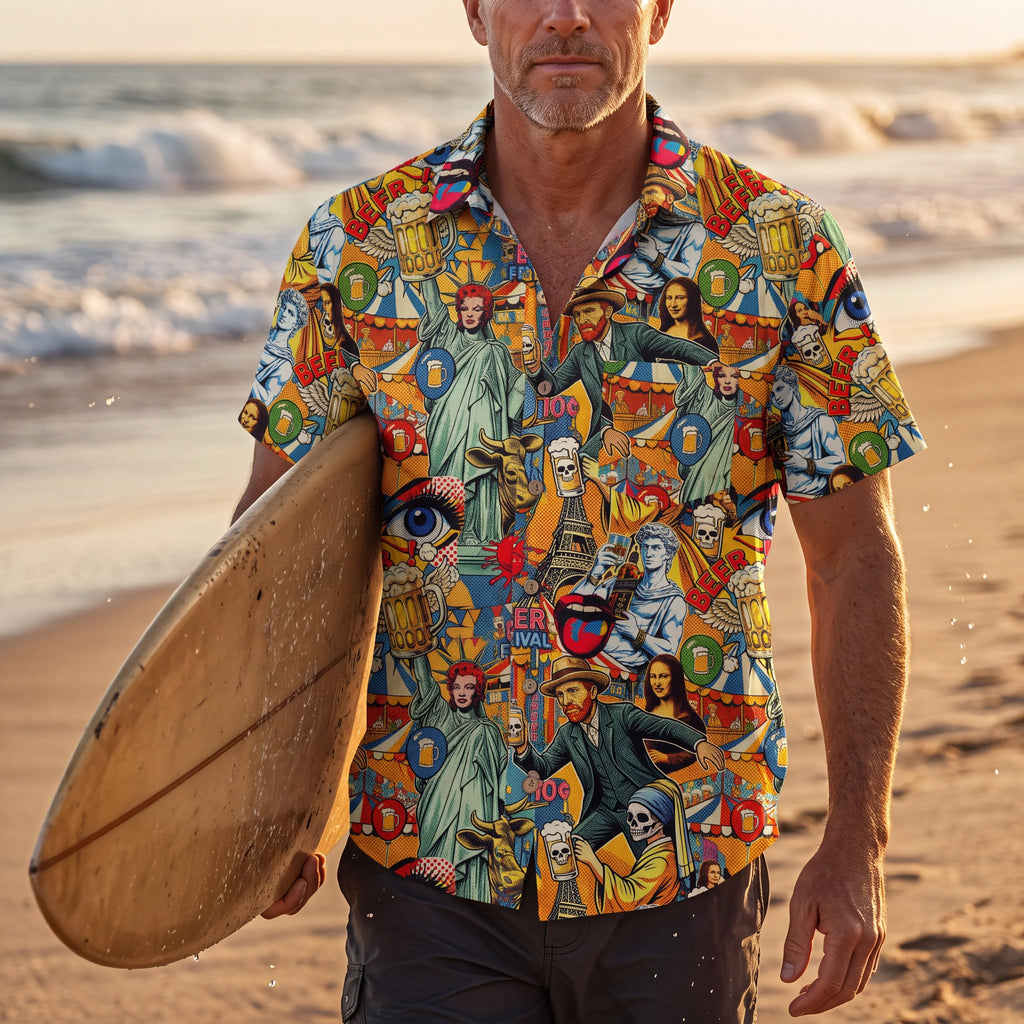 LeosWare® Men's Hawaiian Shirt Short Sleeve Button-up 100% Cotton Green Aloha Art & Beer Pop Collage By Huan huan