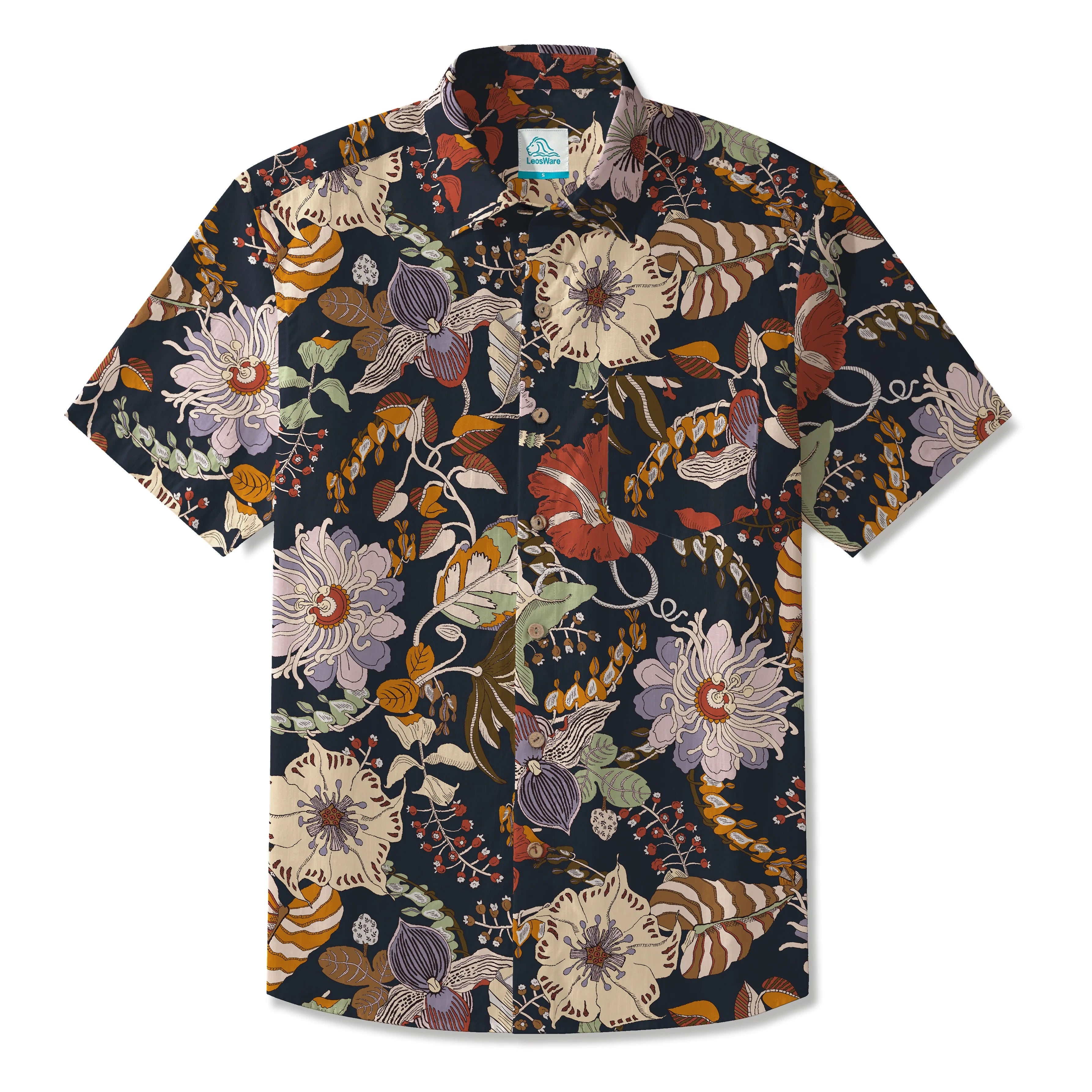 LeosWare® Men's Hawaiian Shirt Short Sleeve Button-up 100% Cotton Black Aloha Charcoal Gray By Patch