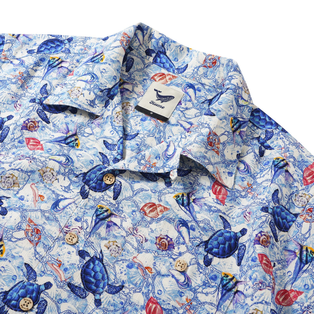 Men's Hawaiian Shirt Short Sleeve Camp Collar 100% Silk Blue Aloha A Sea Turtle's Odyssey By Sun