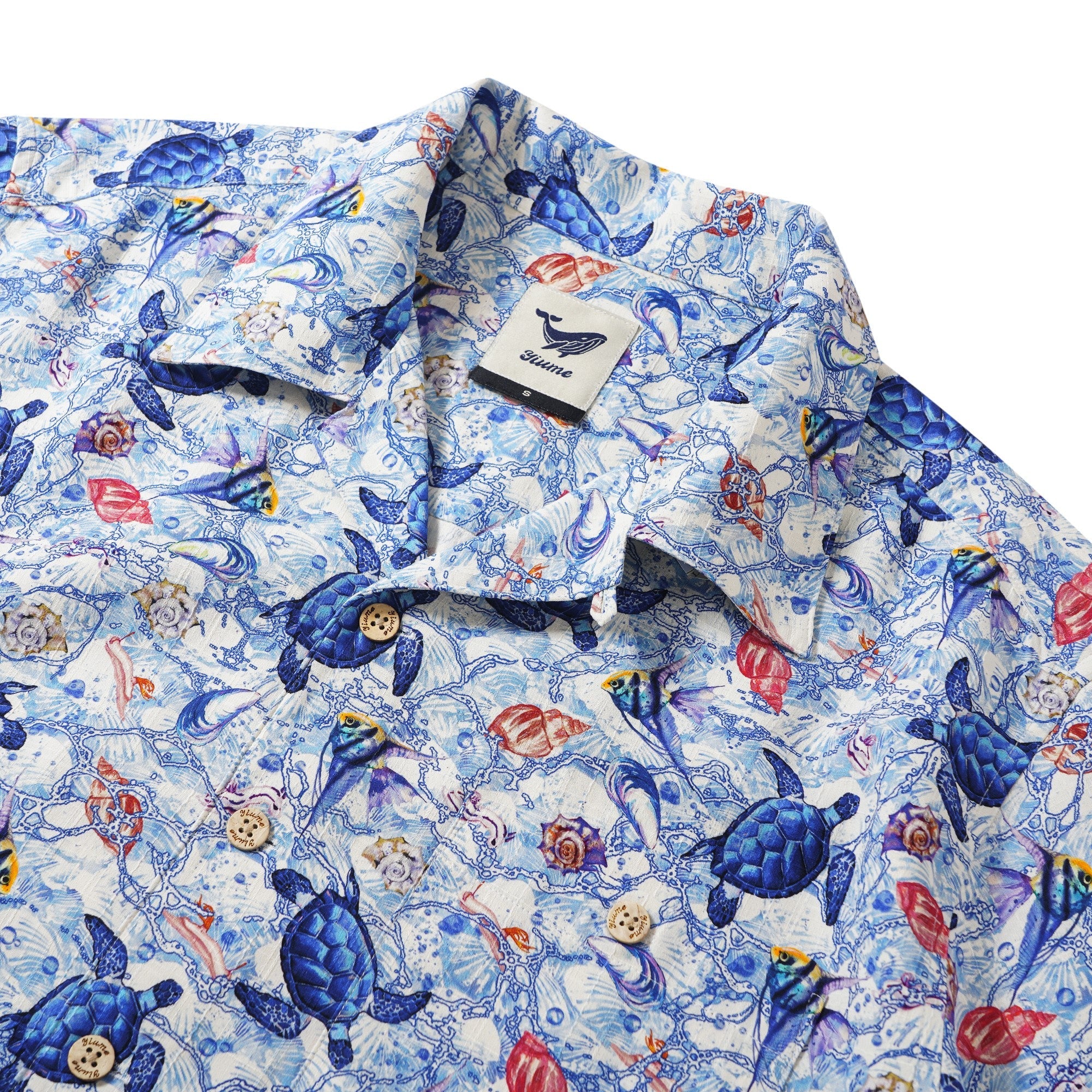 Men's Hawaiian Shirt Short Sleeve Camp Collar 100% Silk Blue Aloha A Sea Turtle's Odyssey By Sun