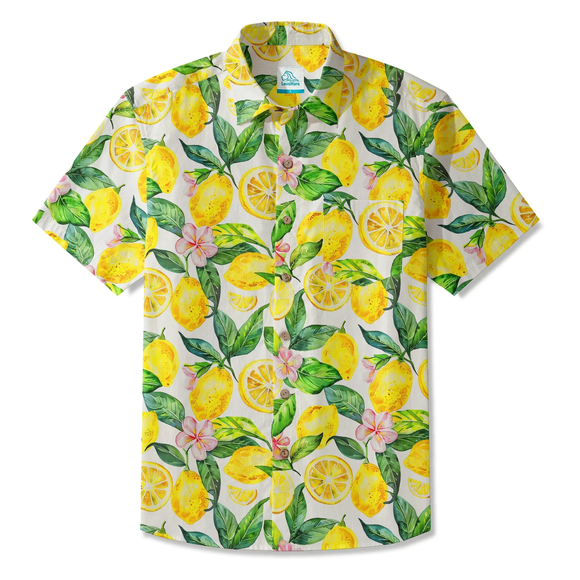 LeosWare® Men's Hawaiian Shirt Short Sleeve Button-up 100% Cotton Yellow Aloha Lemon Summer Essence By Ann