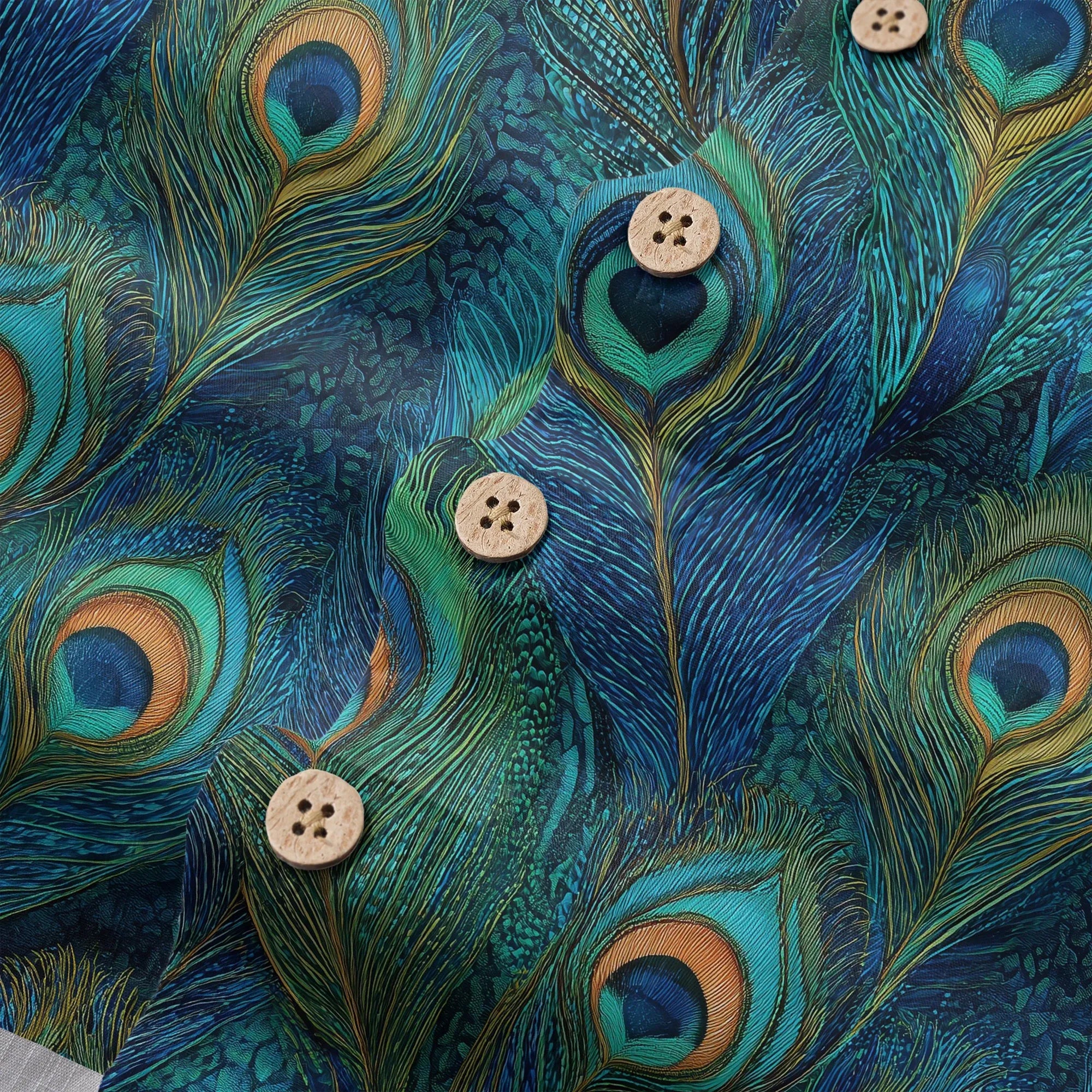 LeosWare® Peacock Men's Hawaiian Shirt Short Sleeve Button-up 100% Cotton Blue Aloha Indigo Feathered Elegance By Ann