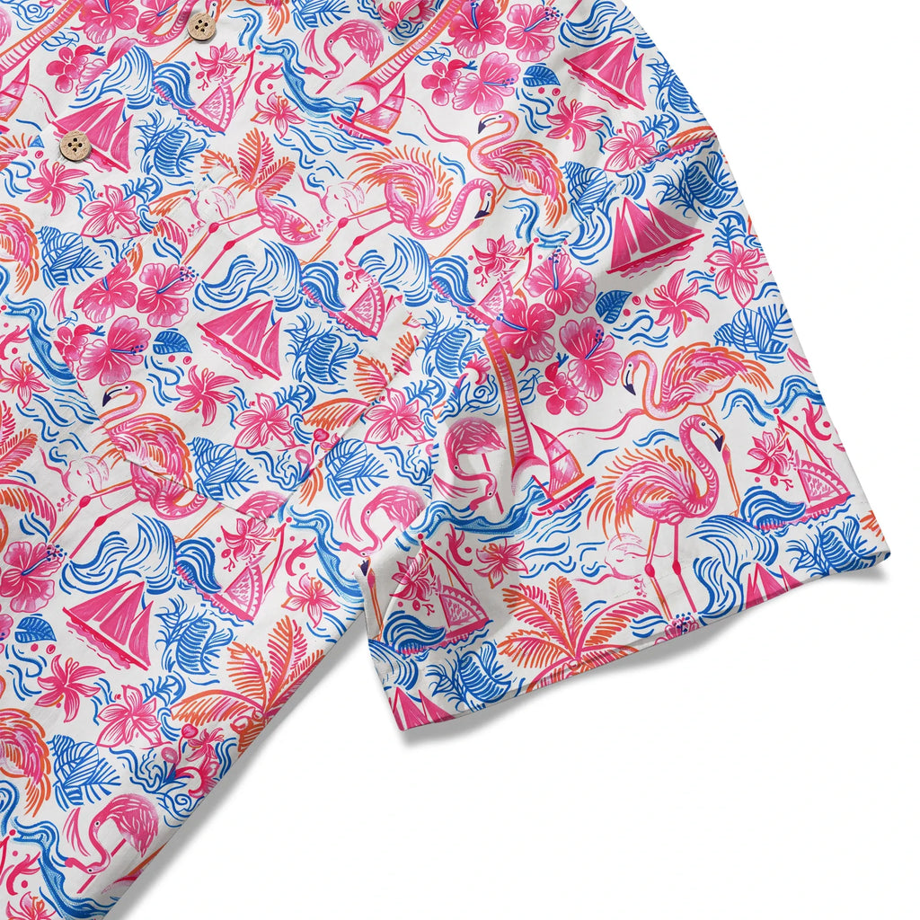 LeosWare® Men's Hawaiian Shirt Short Sleeve Button-up 100% Cotton Aloha Tropical Fire Bay By Ann