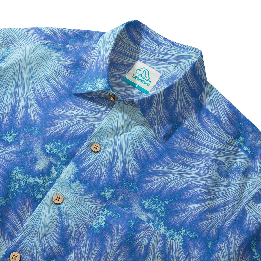 LeosWare® Men's Hawaiian Shirt Short Sleeve Button-up 100% Cotton Blue Aloha Ice Blue Feather Flame By Ann