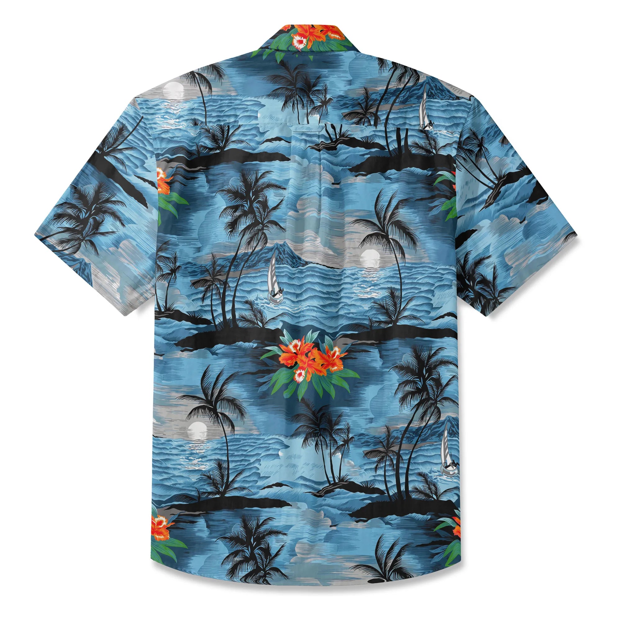 LeosWare® Men's Hawaiian Shirt Short Sleeve Button-up 100% Cotton Blue Aloha Blue-tinged Island Moonlit Night By Ann